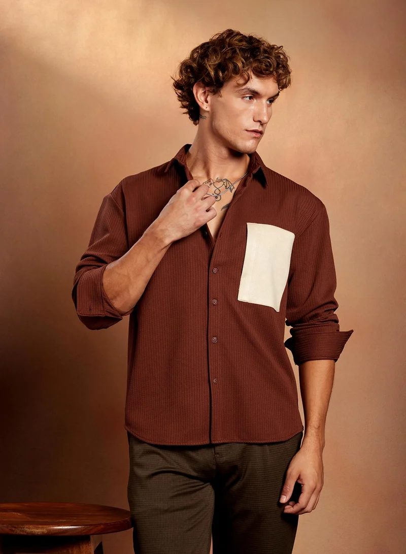 كامبوس سوترا Men's Chocolate Brown Block-Patch Oversized Shirt For Casual Wear | Spread Collar | Long Regular Sleeves | Button Closure | Oversized Shirt Crafted With Comfort Fit For Everyday Wear