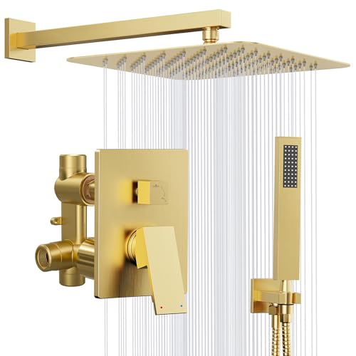 Kurpot Gold Shower System, 10'' Square Rainfall Shower Head with Handheld Combo Spray, Bathroom Brushed Gold Shower Faucet Set with Valve, 59'' Shower Hose, Shower Trim Kit and Diverter, Wall Mounted - Image 1