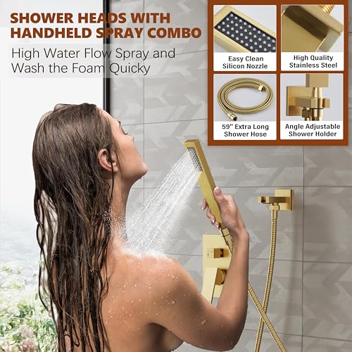 Kurpot Gold Shower System, 10'' Square Rainfall Shower Head with Handheld Combo Spray, Bathroom Brushed Gold Shower Faucet Set with Valve, 59'' Shower Hose, Shower Trim Kit and Diverter, Wall Mounted - Image 4