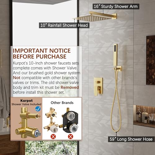 Kurpot Gold Shower System, 10'' Square Rainfall Shower Head with Handheld Combo Spray, Bathroom Brushed Gold Shower Faucet Set with Valve, 59'' Shower Hose, Shower Trim Kit and Diverter, Wall Mounted - Image 2