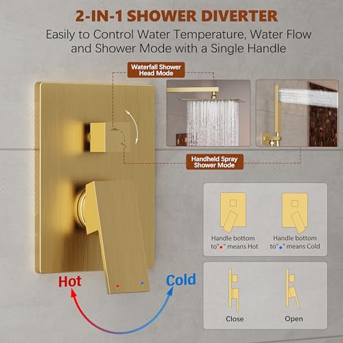 Kurpot Gold Shower System, 10'' Square Rainfall Shower Head with Handheld Combo Spray, Bathroom Brushed Gold Shower Faucet Set with Valve, 59'' Shower Hose, Shower Trim Kit and Diverter, Wall Mounted - Image 5