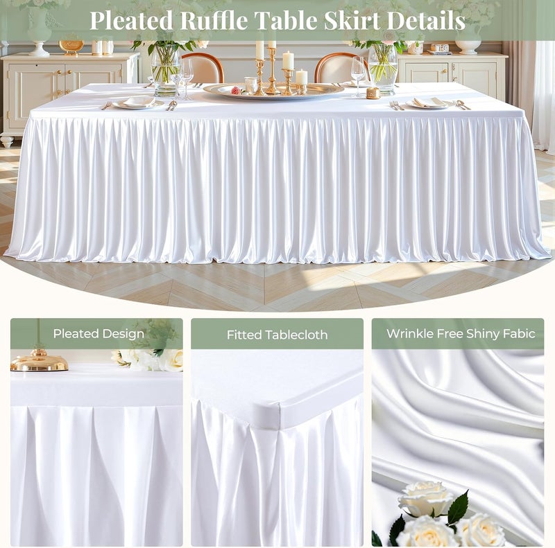 PARTISKY White Satin Tablecloths Rectangle 4FT, Glitter Spandex Fitted Stretch Table Covers Wrinkle-Resistant Floor Length Shimmer Pleated Table Skirt for Weddings Parties Baby Shower Banquets Vendor Events - Image 2