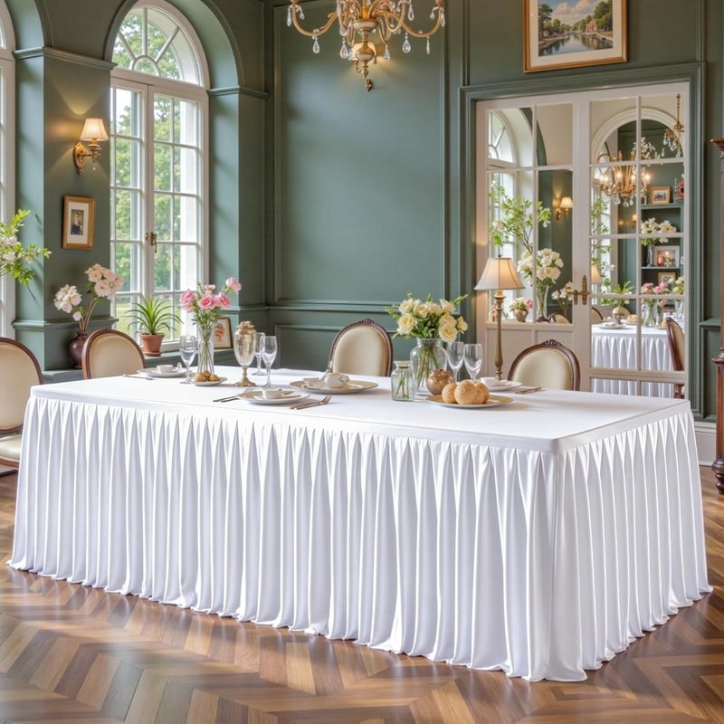 PARTISKY White Satin Tablecloths Rectangle 4FT, Glitter Spandex Fitted Stretch Table Covers Wrinkle-Resistant Floor Length Shimmer Pleated Table Skirt for Weddings Parties Baby Shower Banquets Vendor Events - Image 3