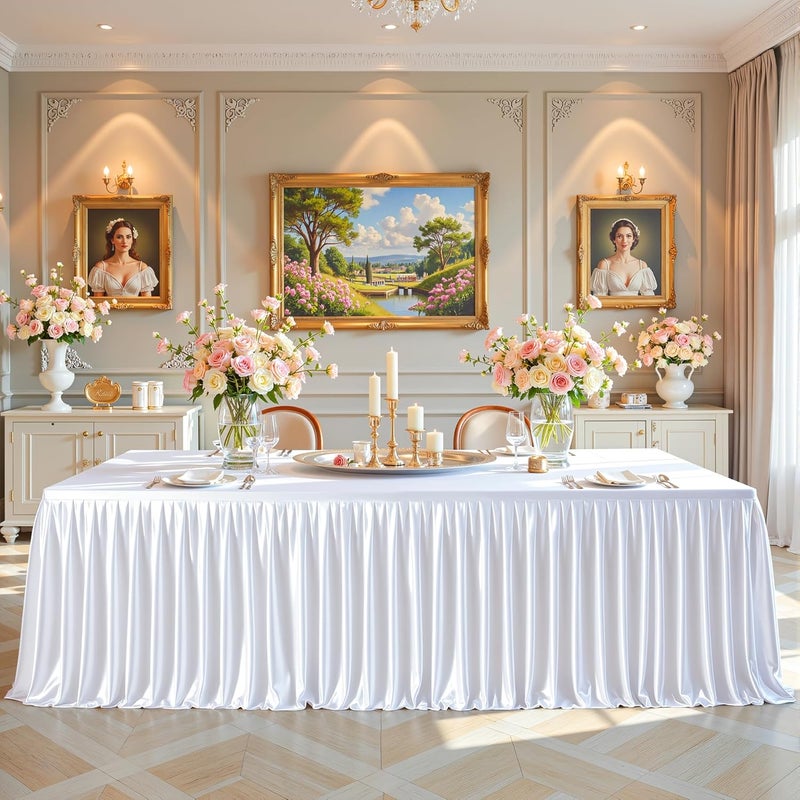 PARTISKY White Satin Tablecloths Rectangle 4FT, Glitter Spandex Fitted Stretch Table Covers Wrinkle-Resistant Floor Length Shimmer Pleated Table Skirt for Weddings Parties Baby Shower Banquets Vendor Events - Image 1
