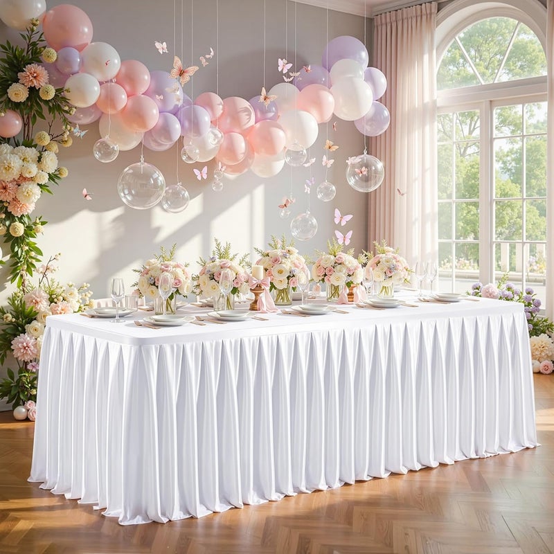 PARTISKY White Satin Tablecloths Rectangle 4FT, Glitter Spandex Fitted Stretch Table Covers Wrinkle-Resistant Floor Length Shimmer Pleated Table Skirt for Weddings Parties Baby Shower Banquets Vendor Events - Image 4