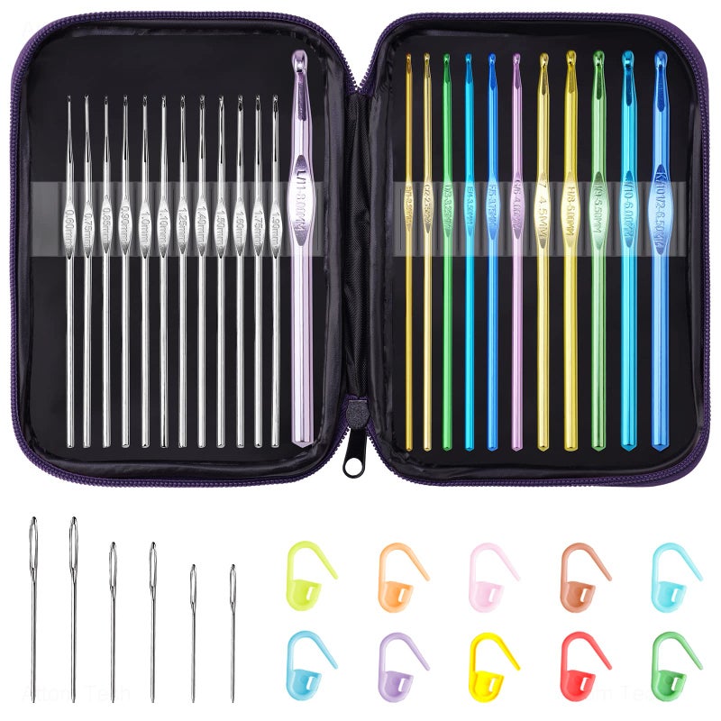 MultiColor Metallic Crochet Hooks Set Tomorotec Art Aluminum Knitting Needles for Yarn Craft Set with Sylish Storage Bag Stitch Markers and Big Eye Needles Purple Bag