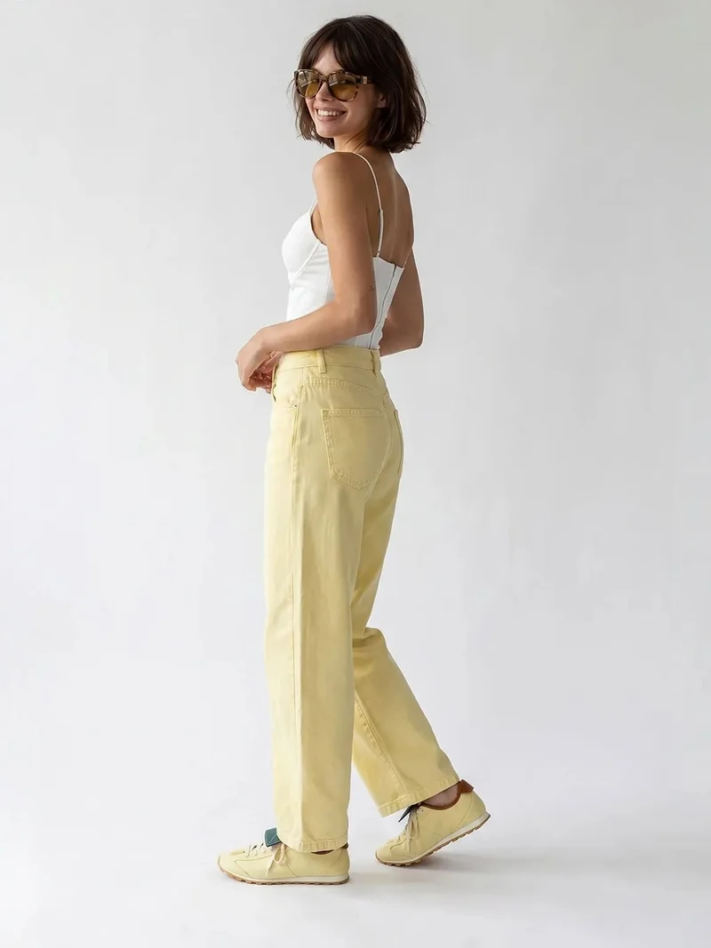 Mixray Lemon Yellow MIXRAY High-Waist Wide-Leg Cotton Jeans for Women | Best Price UAE