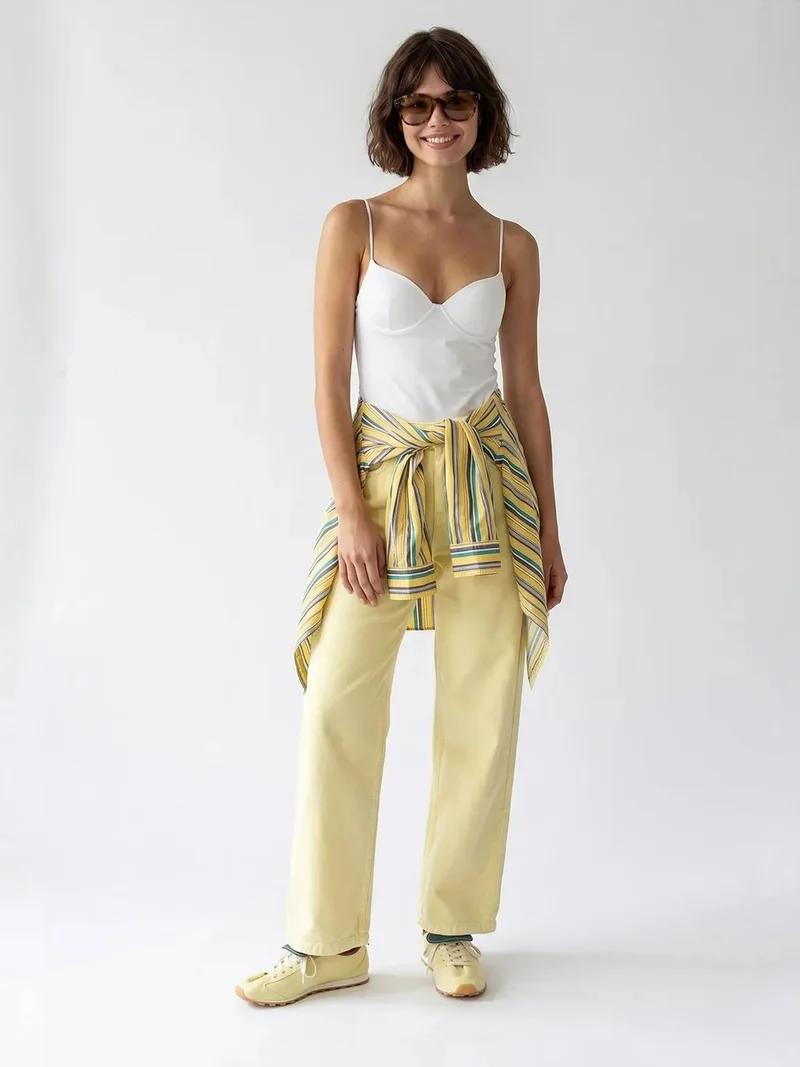 Mixray Lemon Yellow MIXRAY High-Waist Wide-Leg Cotton Jeans for Women | Best Price UAE