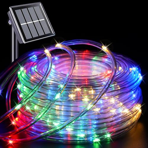 YEGUO Solar Rope Lights Outdoor Waterproof 66ft 200 LED Multicolor String Lights 8 Modes Fairy Lights in Clear Thin Tube - Image 1