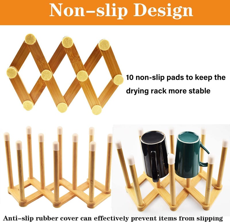 Cyauatt Bamboo Retractable Bottle Drying Rack Cup Dish Drying Rack Sports Water Bottle and Mug Drainer Stand  Plastic Bag Dryer Rack and Multifunctional Drying Rack for Kitchen Countertop - Image 4