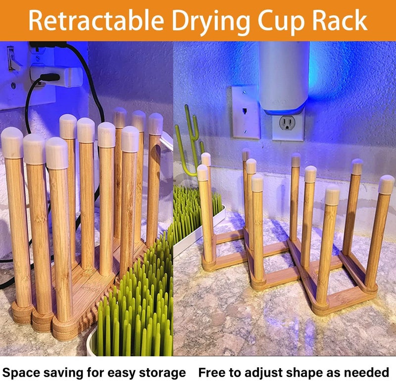 Cyauatt Bamboo Retractable Bottle Drying Rack Cup Dish Drying Rack Sports Water Bottle and Mug Drainer Stand  Plastic Bag Dryer Rack and Multifunctional Drying Rack for Kitchen Countertop - Image 3