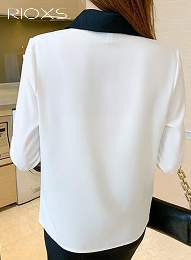 ريوكس زر أسفل قميص النساء، بلوزة الأعمال الكلاسيكية ذات الكعب الطويل، بلوزات شيفون مريحة، قمصان مكتب الأعمال غير الرسمي، ملابس أزياء خريف الربيع، مباراة مع جينز الكعب العالي، السيدات القميص الأبيض للمواعدة مكتب الحياة اليومية - Image 3