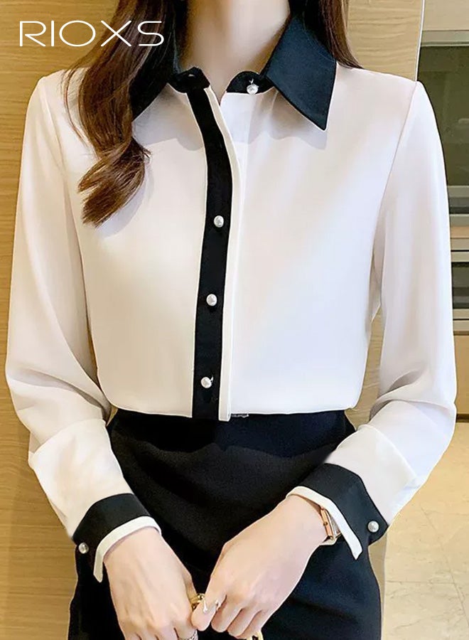 ريوكس زر أسفل قميص النساء، بلوزة الأعمال الكلاسيكية ذات الكعب الطويل، بلوزات شيفون مريحة، قمصان مكتب الأعمال غير الرسمي، ملابس أزياء خريف الربيع، مباراة مع جينز الكعب العالي، السيدات القميص الأبيض للمواعدة مكتب الحياة اليومية - Image 1