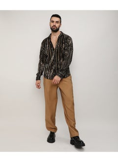Campus Sutra Men's Jet Black & Metallic Gold Pleat-Creased Shirt  - Image 4