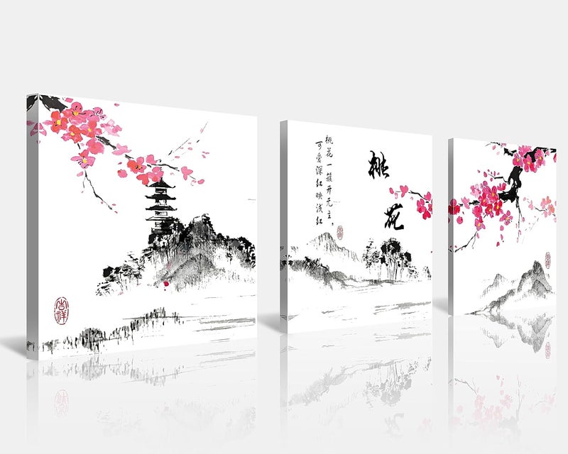 NAN Wind Small Size Traditional Chinese Painting of Peach Blossom Canvas Prints 3 Panels Calligraphy Art Paintings Wall Art Poem Print Painting Framed 16x16inches 3pcs/set - Image 1