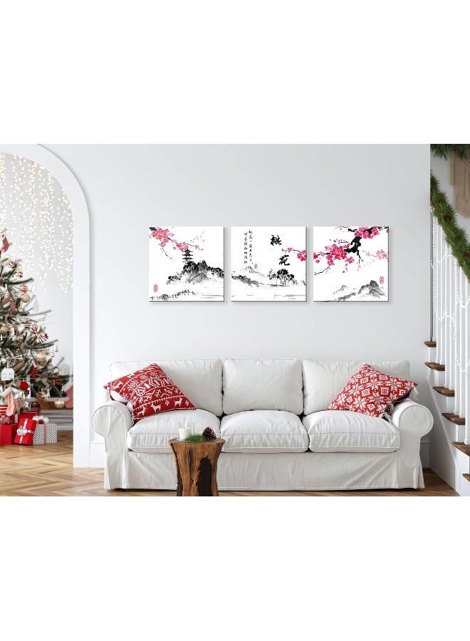 NAN Wind Small Size Traditional Chinese Painting of Peach Blossom Canvas Prints 3 Panels Calligraphy Art Paintings Wall Art Poem Print Painting Framed 16x16inches 3pcs/set - Image 4