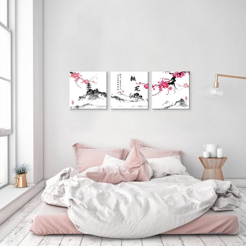 NAN Wind Small Size Traditional Chinese Painting of Peach Blossom Canvas Prints 3 Panels Calligraphy Art Paintings Wall Art Poem Print Painting Framed 16x16inches 3pcs/set - Image 5
