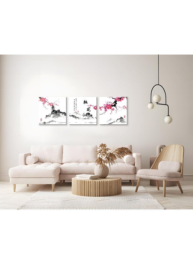 NAN Wind Small Size Traditional Chinese Painting of Peach Blossom Canvas Prints 3 Panels Calligraphy Art Paintings Wall Art Poem Print Painting Framed 16x16inches 3pcs/set - Image 3