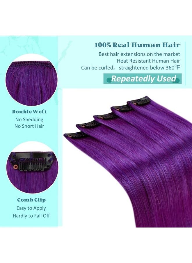 RUNATURE Purple Clip in Extensions Real Human Hair 20 Inch Long for Women Colored Clip in Double Weft Hair Extensions Remy Hair Invisible Purple Human Hair Extensions Clip in Natural Hair 25g 5pcs  - Image 5