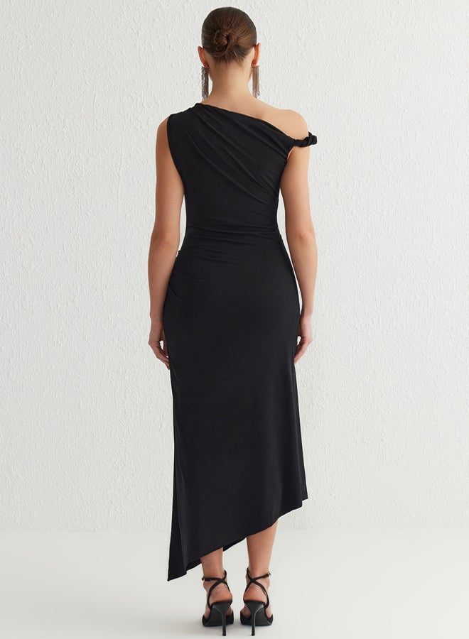 trendyol Black Asymmetrical Collar Knitted Dress  - Image 5