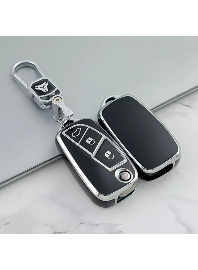 Black TPU Soft Rubber Protective Case Cover for Folding Car Key with Silver Edges - Image 1