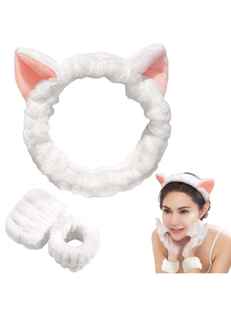 AEGYPIUS AEGYPIUS Face Wash Headband and Wristband Set for Face Washing 3 Pcs White Headband Wristband Set with Cat Ear Design Face Wash Spa Headband and Wristband Set Facewash Headband and Wristband Set 