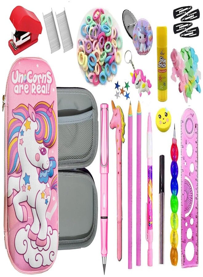 Krisus 17pcs Unicorn Theme Stationery Gift Set for Girls | 3D Large Capacity Pencil Pouch with Pen Pencil Eraser Scale Glue Badge and More | Cute Unicorn School Supplies Birthday Gift Return Gift