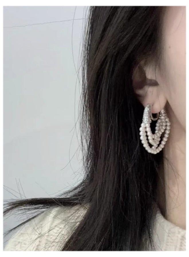 NeeMee Vintage-Inspired Zirconia Inlaid Ear Clips with Multi-Layer Pearl Tassels Earrings - Image 4