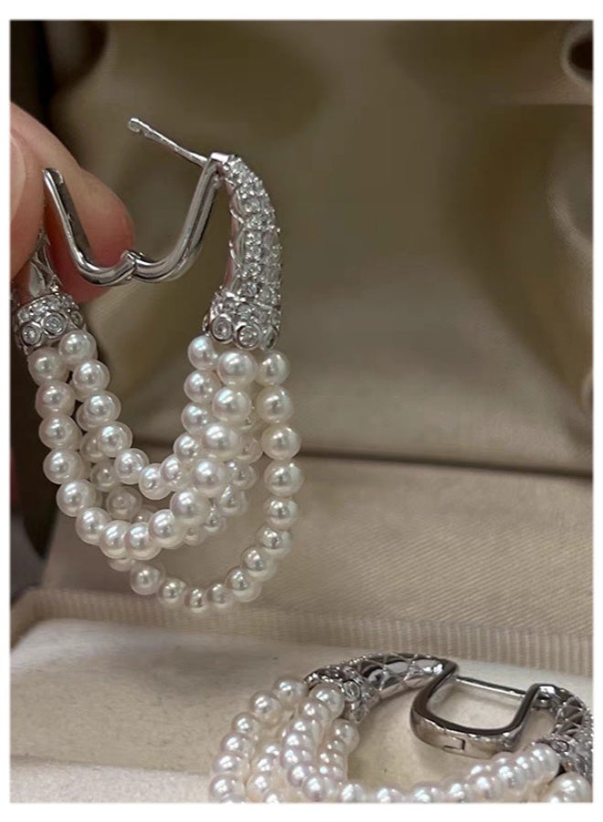 NeeMee Vintage-Inspired Zirconia Inlaid Ear Clips with Multi-Layer Pearl Tassels Earrings - Image 5