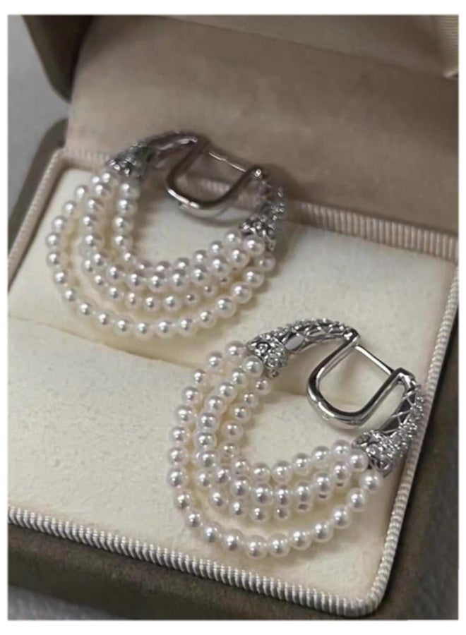 NeeMee Vintage-Inspired Zirconia Inlaid Ear Clips with Multi-Layer Pearl Tassels Earrings - Image 2