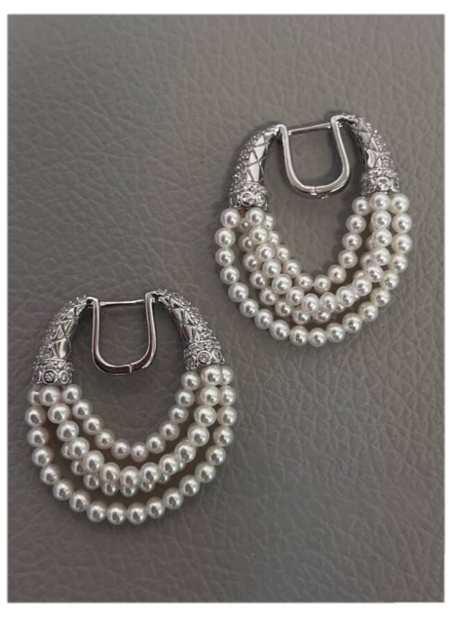 NeeMee Vintage-Inspired Zirconia Inlaid Ear Clips with Multi-Layer Pearl Tassels Earrings - Image 3