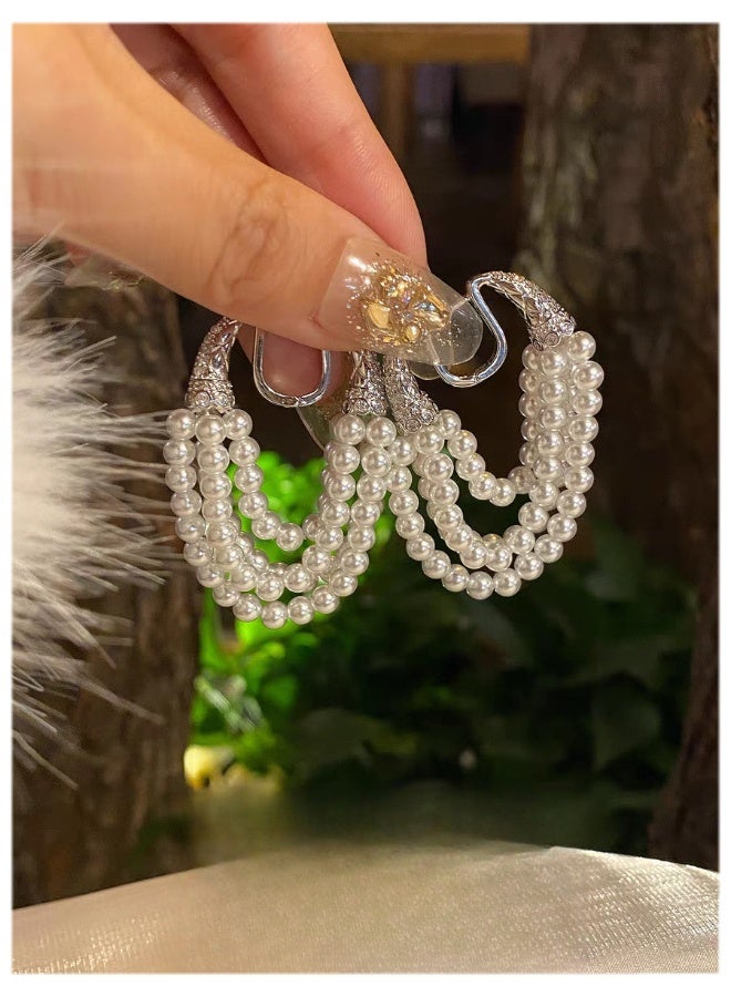 NeeMee Vintage-Inspired Zirconia Inlaid Ear Clips with Multi-Layer Pearl Tassels Earrings - Image 1
