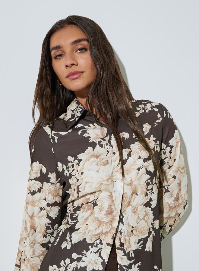 Styli Brown Floral Print Long Sleeve Shirt - Image 1