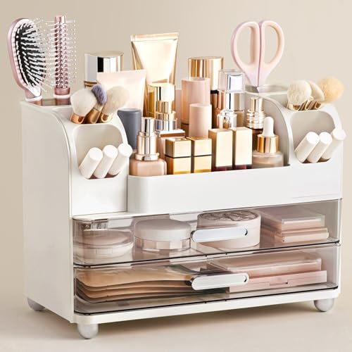 HBlife Makeup Organizer for Vanity with Brush Holder Large Bathroom Countertop Cosmetic Organizer Skin Care Storage Easy to Store Lipsticks Nail Polishes Perfumes Eyeshadow Palettes White - Image 1