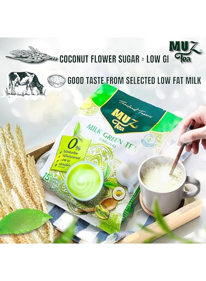مو مزيج مسحوق الشاي الأخضر سريع التحضير بالحليب 3 في 1 مع الشاي الأخضر وسكر زهرة جوز الهند والمبيض من مسحوق حليب مختار قليل الدسم من موزتي 15 كيس (شاي اخضر بالحليب) - Image 4