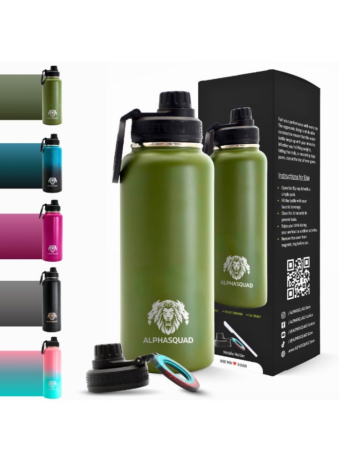 ألفاسكواد زجاجة مياه ALPHASQUAD سعة 1000 مل / 32 أونصة مع حامل هاتف مغناطيسي، زجاجات مياه من الفولاذ المقاوم للصدأ متوافقة مع حامل الهاتف وحامل ثلاثي القوائم لأجهزة iPhone، كوب معزول بجدار مزدوج للصالة الرياضية والرياضة (زيتوني) - Image 2