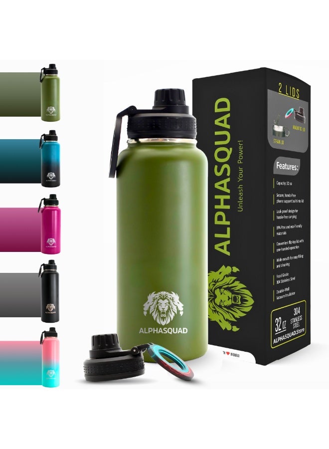 ألفاسكواد زجاجة مياه ALPHASQUAD سعة 1000 مل / 32 أونصة مع حامل هاتف مغناطيسي، زجاجات مياه من الفولاذ المقاوم للصدأ متوافقة مع حامل الهاتف وحامل ثلاثي القوائم لأجهزة iPhone، كوب معزول بجدار مزدوج للصالة الرياضية والرياضة (زيتوني) - Image 1
