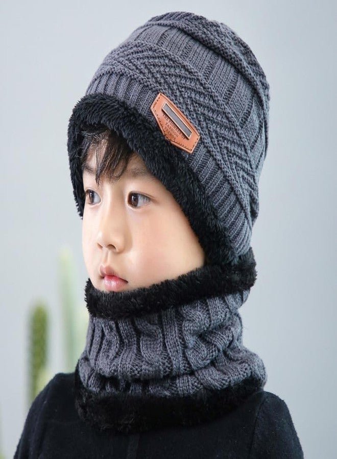 Dressify® (A Grade Cashmere Wool - Imported Soft Warm Snow and Air Proof Fleece Knitted (Inside Soft Fleece) Woolen Beanie Winter Cap with Scarf for Kids Boy's I Girl's Grey Color - Image 2