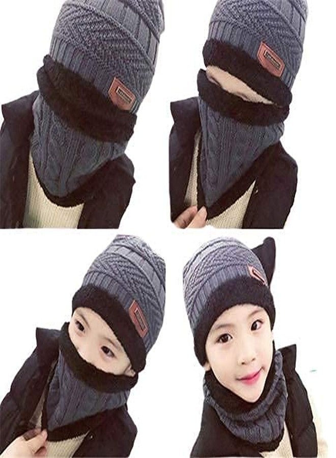 Dressify® (A Grade Cashmere Wool - Imported Soft Warm Snow and Air Proof Fleece Knitted (Inside Soft Fleece) Woolen Beanie Winter Cap with Scarf for Kids Boy's I Girl's Grey Color - Image 4