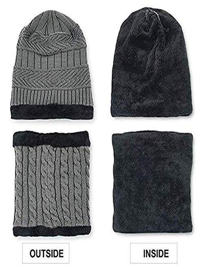 Dressify® (A Grade Cashmere Wool - Imported Soft Warm Snow and Air Proof Fleece Knitted (Inside Soft Fleece) Woolen Beanie Winter Cap with Scarf for Kids Boy's I Girl's Grey Color - Image 5