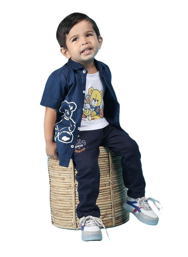 POLKA TOTS Kids Cotton Half Sleeve Shirt with T-Shirt for Baby Kid, Boys Plain Stylish Collared Shirt for Comfort Wear, Regular Fit Soft Fabric Casual Wear for Kids (Navy Blue,18-24Months) - Image 1