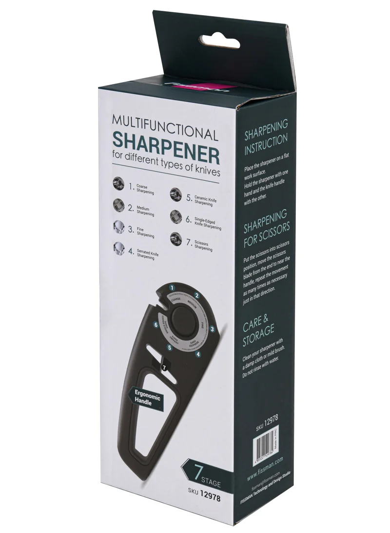 Fissman  7-Stage Knife Sharpener w/ Scissors Sharpening Slot —Ceramic, Carbide, Diamond Abrasive Materials — Manual Adjustable Knob for Coarse, Fine, Medium, Serrated, Ceramic, Single-Edge  Sharpening  | Best Price UAE
