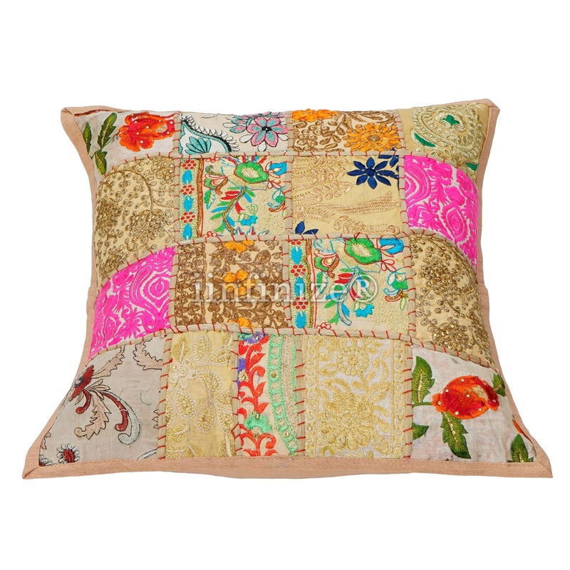 iinfinize Traditional Bohemian Patchwork Cushion Cover 16 Inch Hand Embroidery Pillow Cover 2 Pcs Indoor Outdoor Décor - Image 4