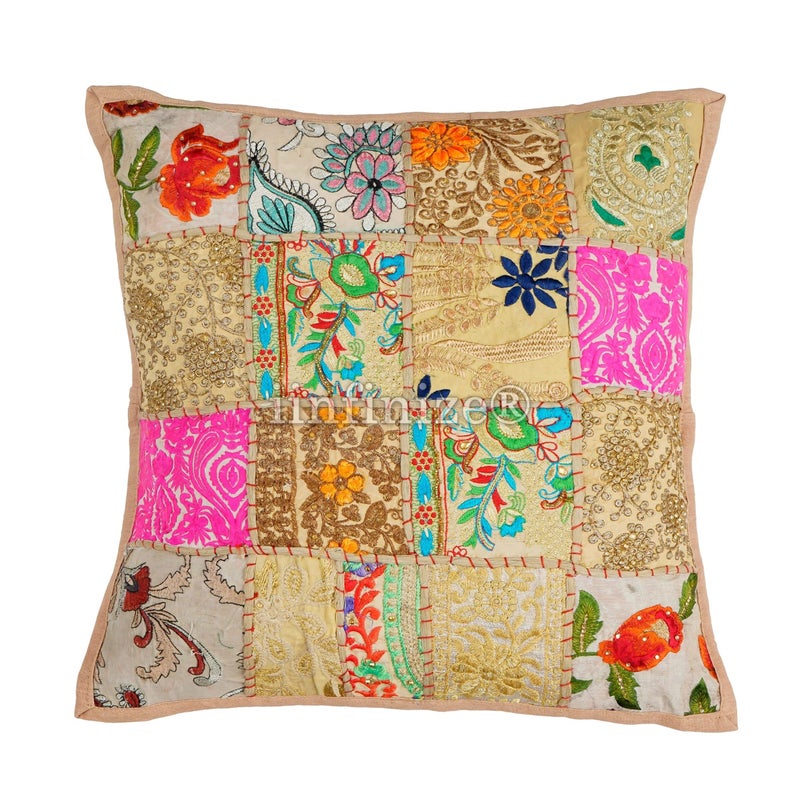 iinfinize Traditional Bohemian Patchwork Cushion Cover 16 Inch Hand Embroidery Pillow Cover 2 Pcs Indoor Outdoor Décor - Image 2