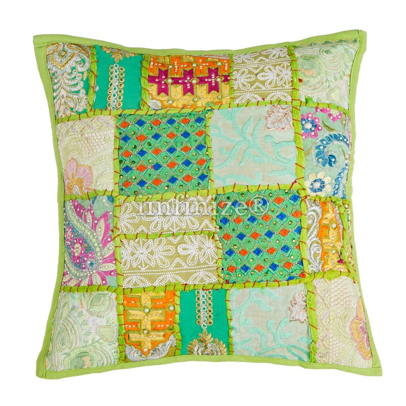iinfinize Traditional Bohemian Patchwork Cushion Cover 16 Inch Hand Embroidery Pillow Cover 2 Pcs Indoor Outdoor Décor - Image 5