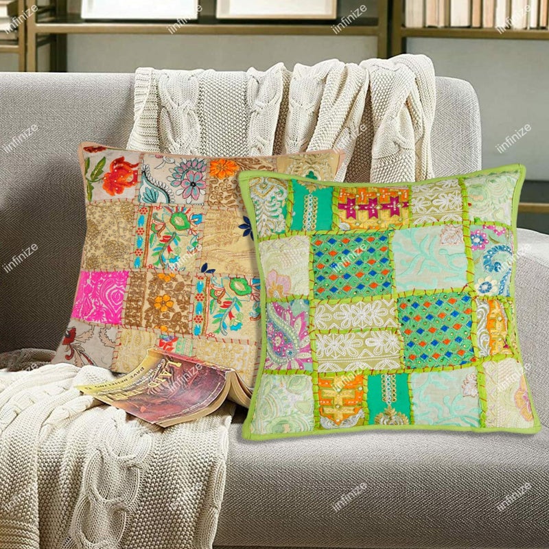 iinfinize Traditional Bohemian Patchwork Cushion Cover 16 Inch Hand Embroidery Pillow Cover 2 Pcs Indoor Outdoor Décor - Image 1