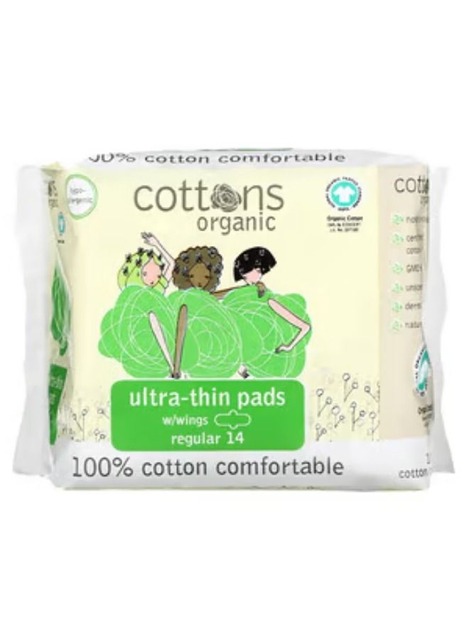 Cottons, 100% Cotton Comfortable, Ultra-Thin Pads with Wings, Regular, 14 Pads
