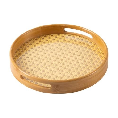 Curated Cart Bamboo Serving Tray with Cut-Out Handles - Rattan Cane Woven Base - Eco-Friendly Rustic Tray for Coffee Table, Breakfast, Kitchen, Bathroom Décor - Lightweight, Durable - 33x22.5cm - Image 1