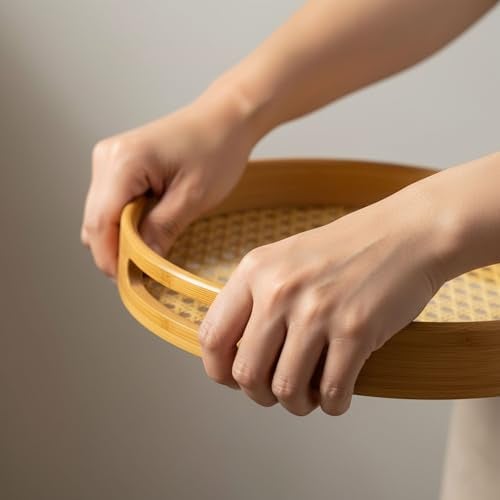 Curated Cart Bamboo Serving Tray with Cut-Out Handles - Rattan Cane Woven Base - Eco-Friendly Rustic Tray for Coffee Table, Breakfast, Kitchen, Bathroom Décor - Lightweight, Durable - 33x22.5cm - Image 5