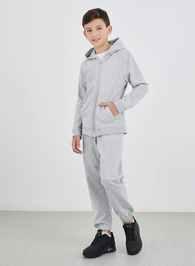 Styli Styli School Uniform Grey Full Zip Hoodie with Pockets
